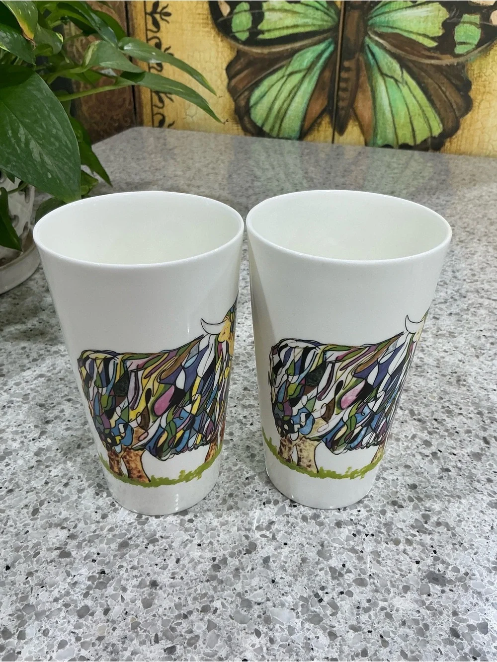 White Ceramic Coffee Mugs with Floral Accent - Set of 2